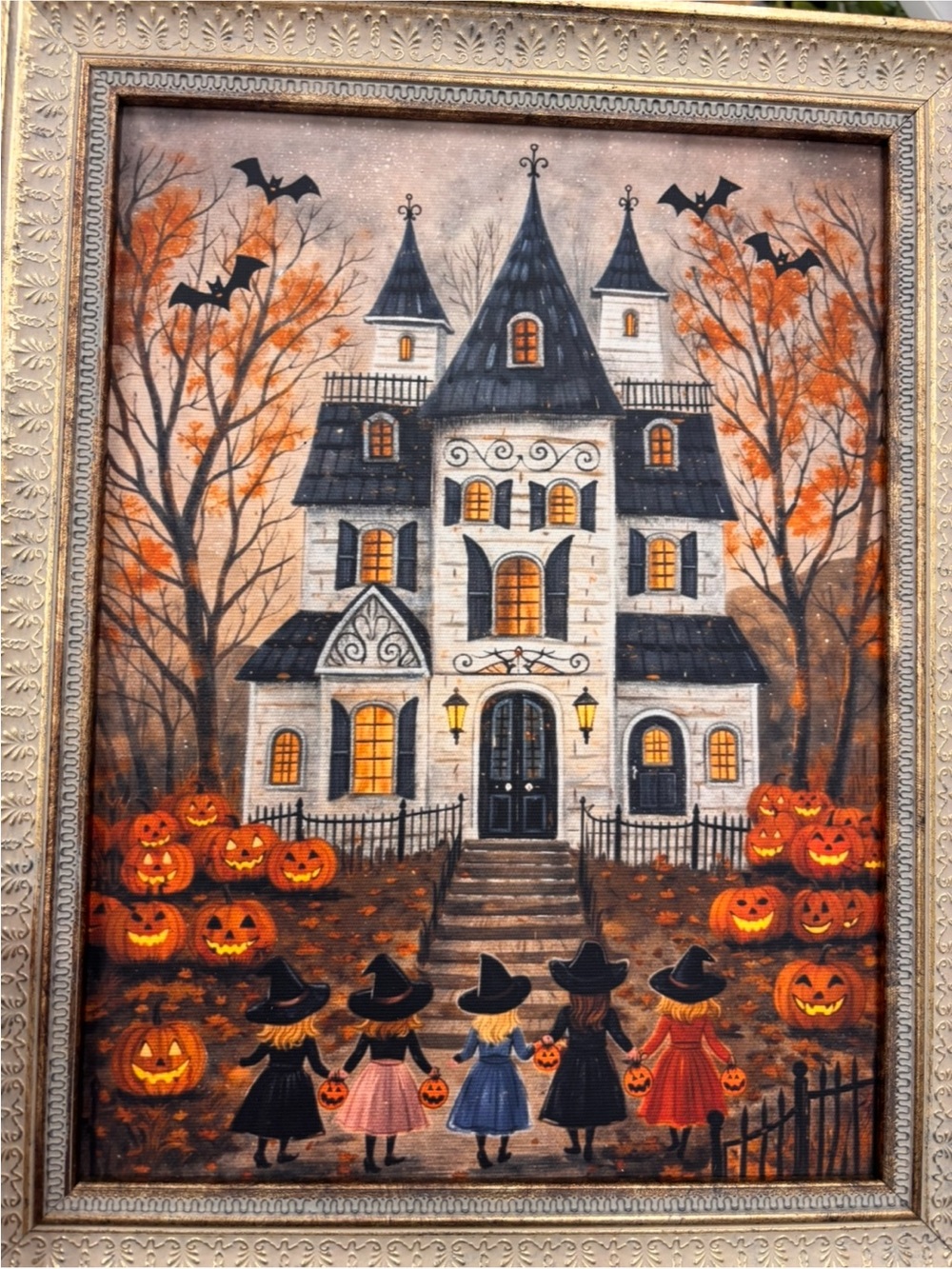 Halloween Witch Kids Haunted House Canvas Wall Art - Orange & Black